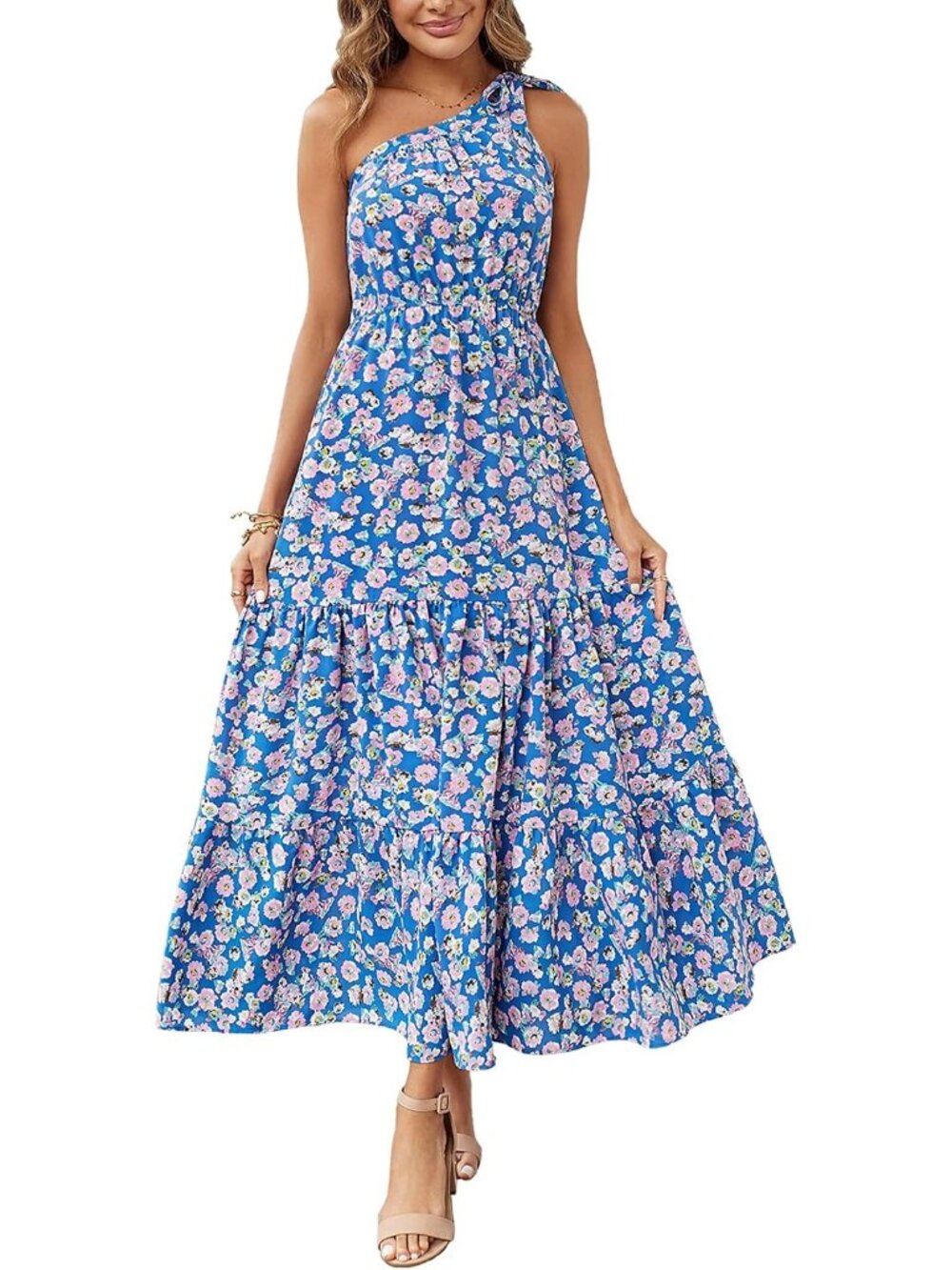 Women's Blue Floral Sleeveless Tiered A Line One Shoulder Boho Floral Maxi Dress